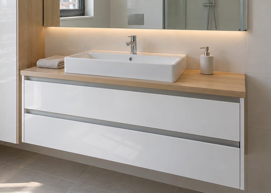 Parlak beyaz lake ve açık meşe banyo dolabında tezgâh üstü lavabo ve çekmeceler