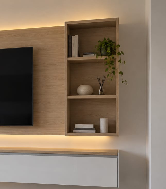 Parlak beyaz lake ve açık meşe TV ünitesinin üst bölümü: kapaklı modüller ve raflar