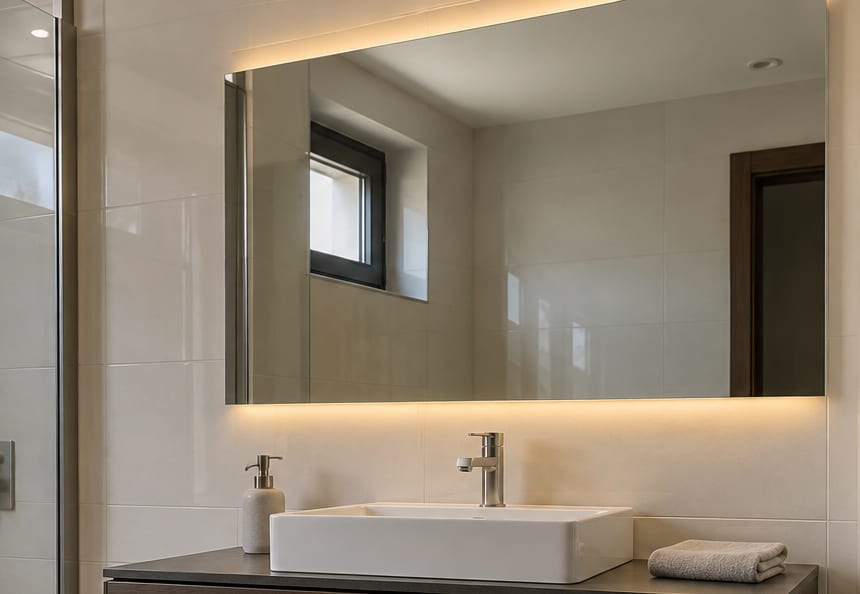 Arkadan LED aydınlatmalı banyo aynası ve altında tezgâh üstü lavabo
