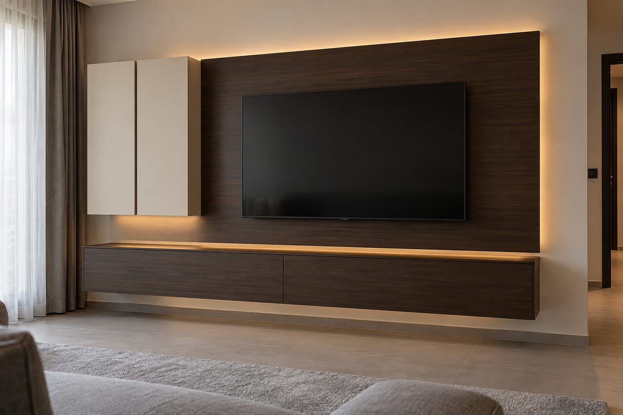 Koyu ceviz panelli, arkadan LED aydınlatmalı duvara asılı TV ünitesi ve krem üst modüller