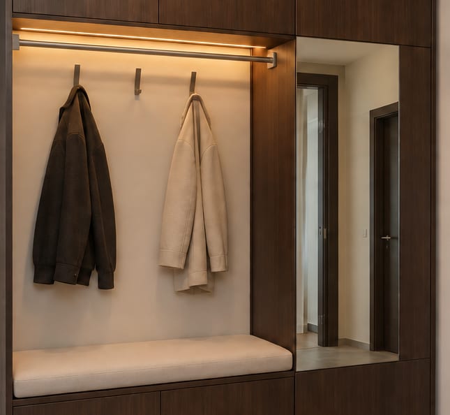 Vestiyer nişinde LED aydınlatmalı askı borusu, askılıklar ve minderli oturma bankı