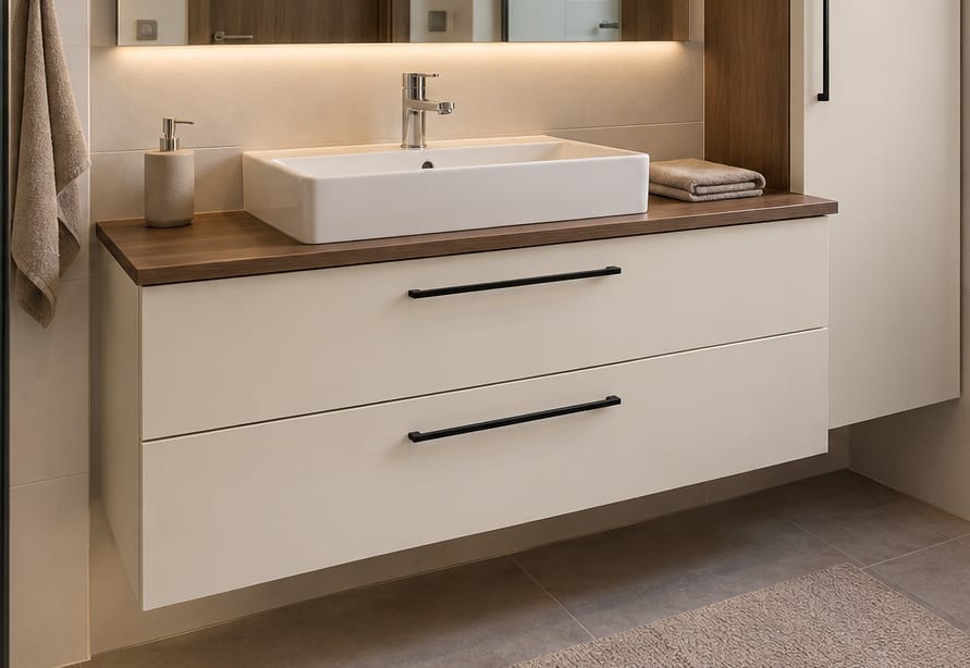 Mat kırık beyaz ve ceviz banyo dolabında tezgâh üstü lavabo ve çekmeceler