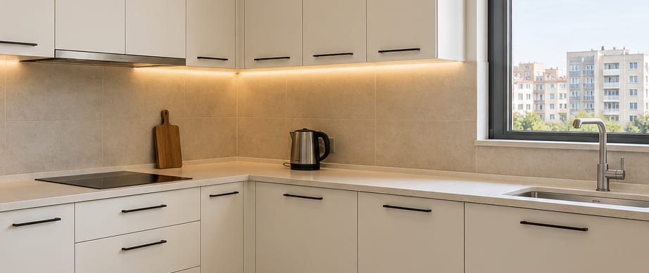 Mat kırık beyaz ve ceviz mutfakta tezgâh, tezgâh arası ve dolap altı LED aydınlatma