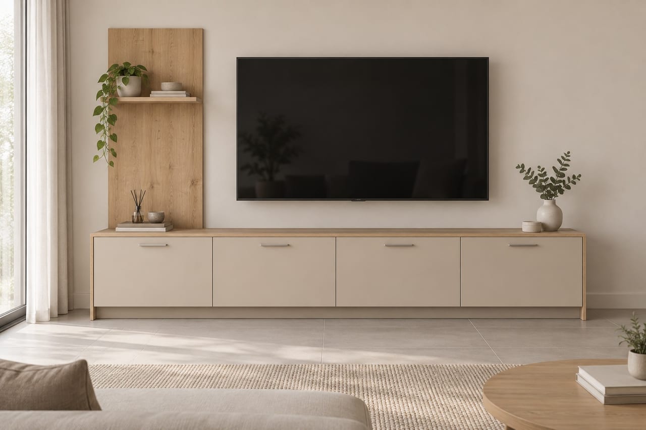 Kum beji dört kapaklı alçak TV ünitesi; Safir Meşe üst tabla ve solda raflı meşe duvar paneli
