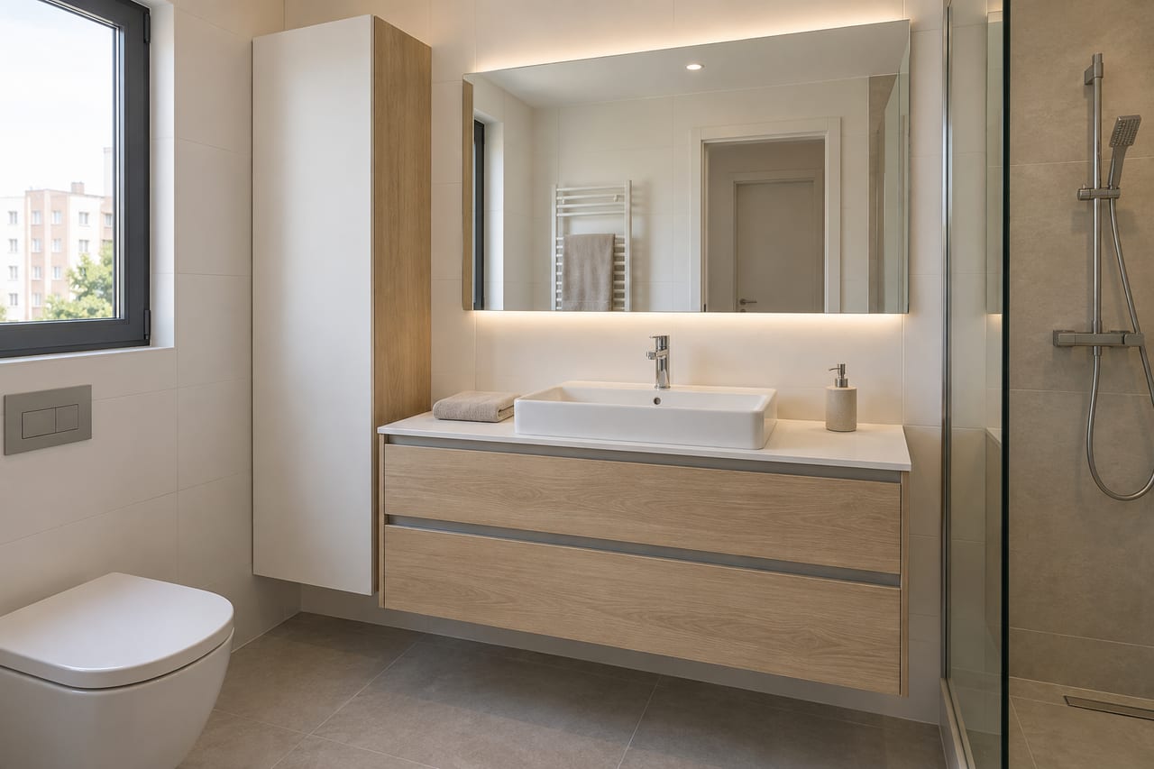 Doğal meşe çekmeceli, beyaz tezgâhlı asma banyo dolabı, mat beyaz boy dolap ve aydınlatmalı ayna