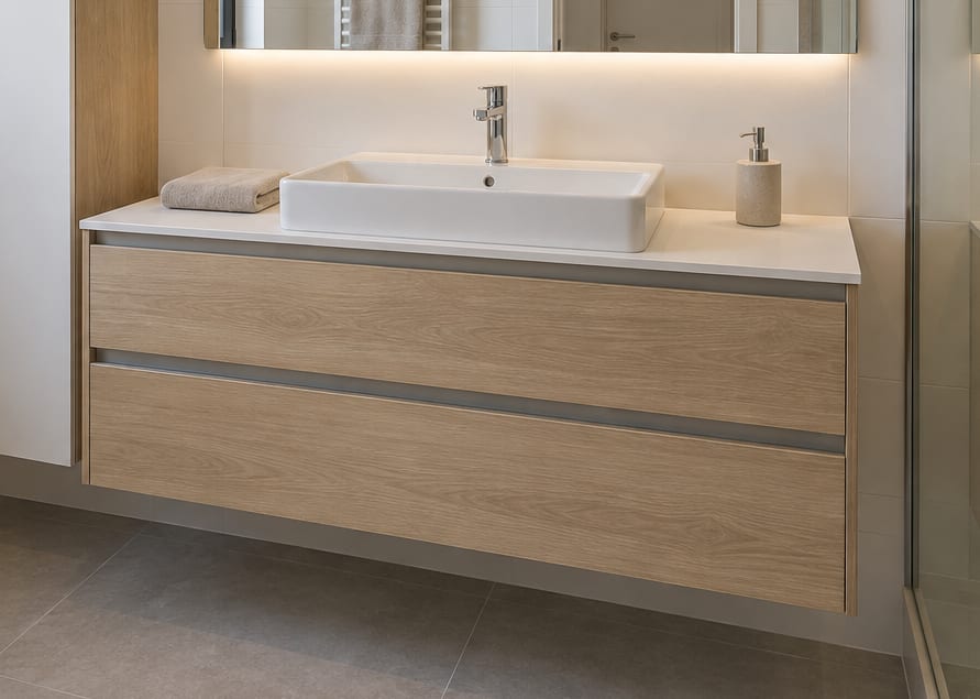 Doğal meşe ve mat beyaz banyo dolabında tezgâh üstü lavabo ve çekmeceler
