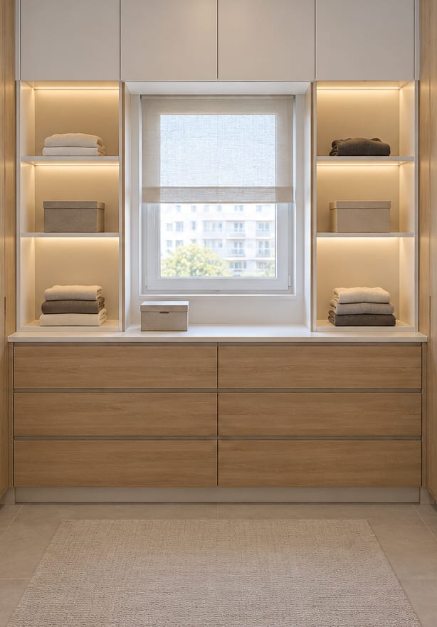 Doğal meşe ve mat beyaz giyinme odasında aydınlatmalı raf bölümü ve çekmece grubu