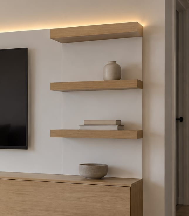 Doğal meşe ve mat beyaz TV ünitesinin üst bölümü: kapaklı modüller ve raflar