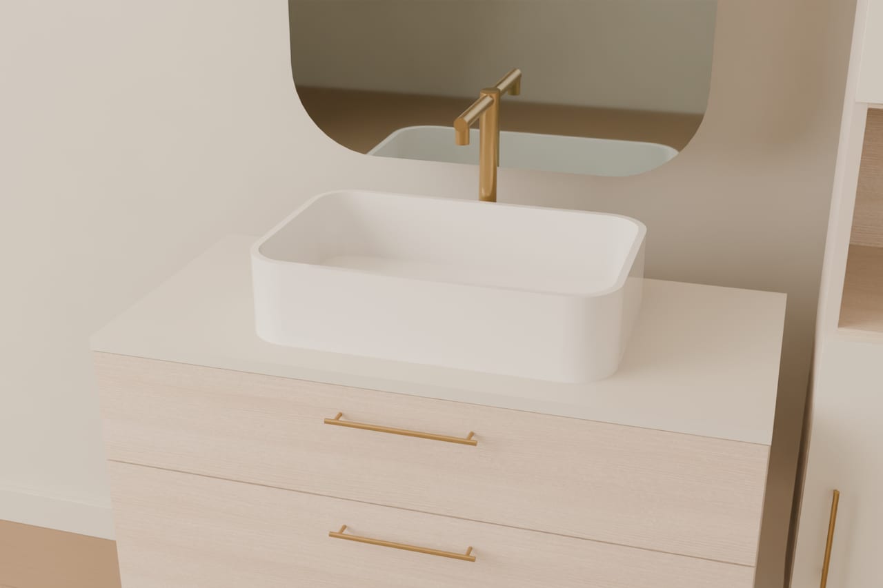 Natura Spa · asma lavabo dolabı · Kase lavabo, şampanya batarya ve meşe çekmece