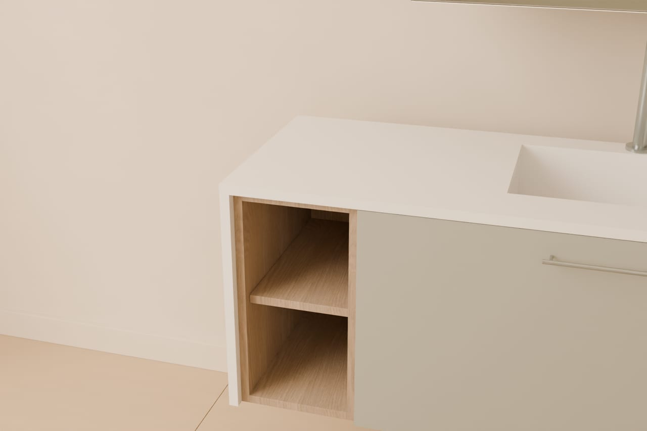 Linea Reflect · aynalı banyo dolabı · Taş L yan, havlu nişi ve alttan montaj lavabo