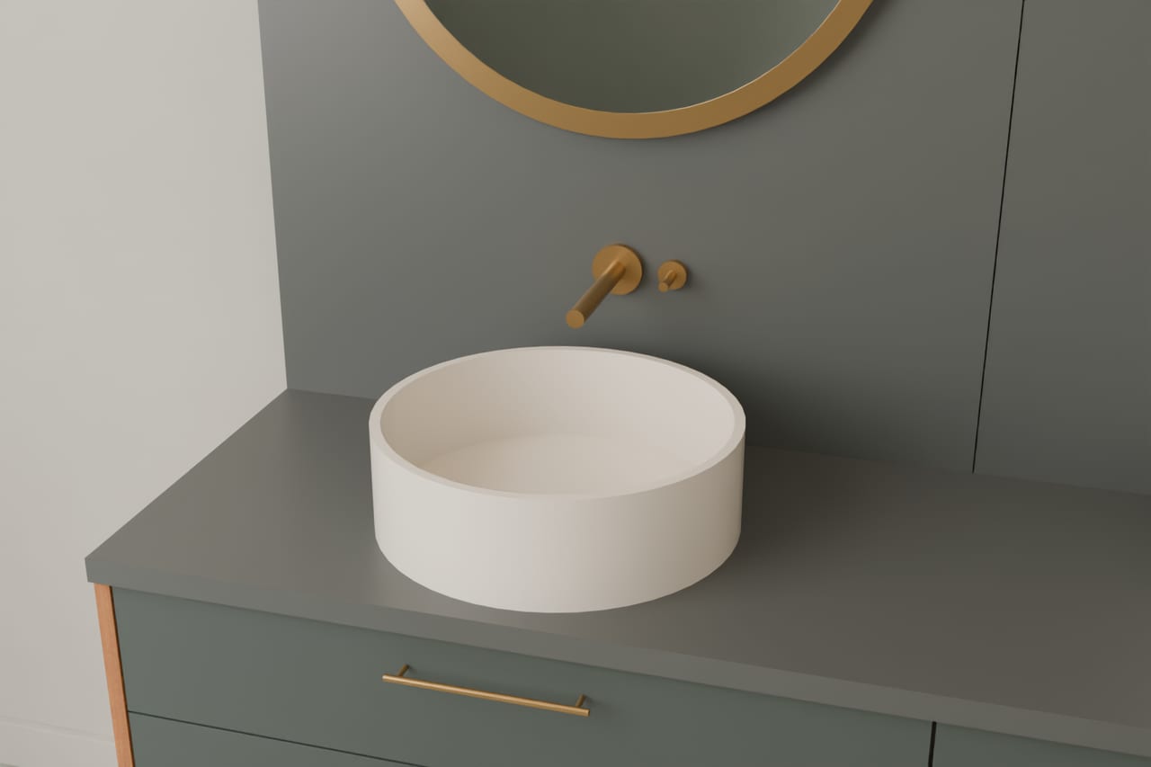 Nocturne Stone · çift lavabo · Yuvarlak kase lavabo ve bronz ankastre batarya