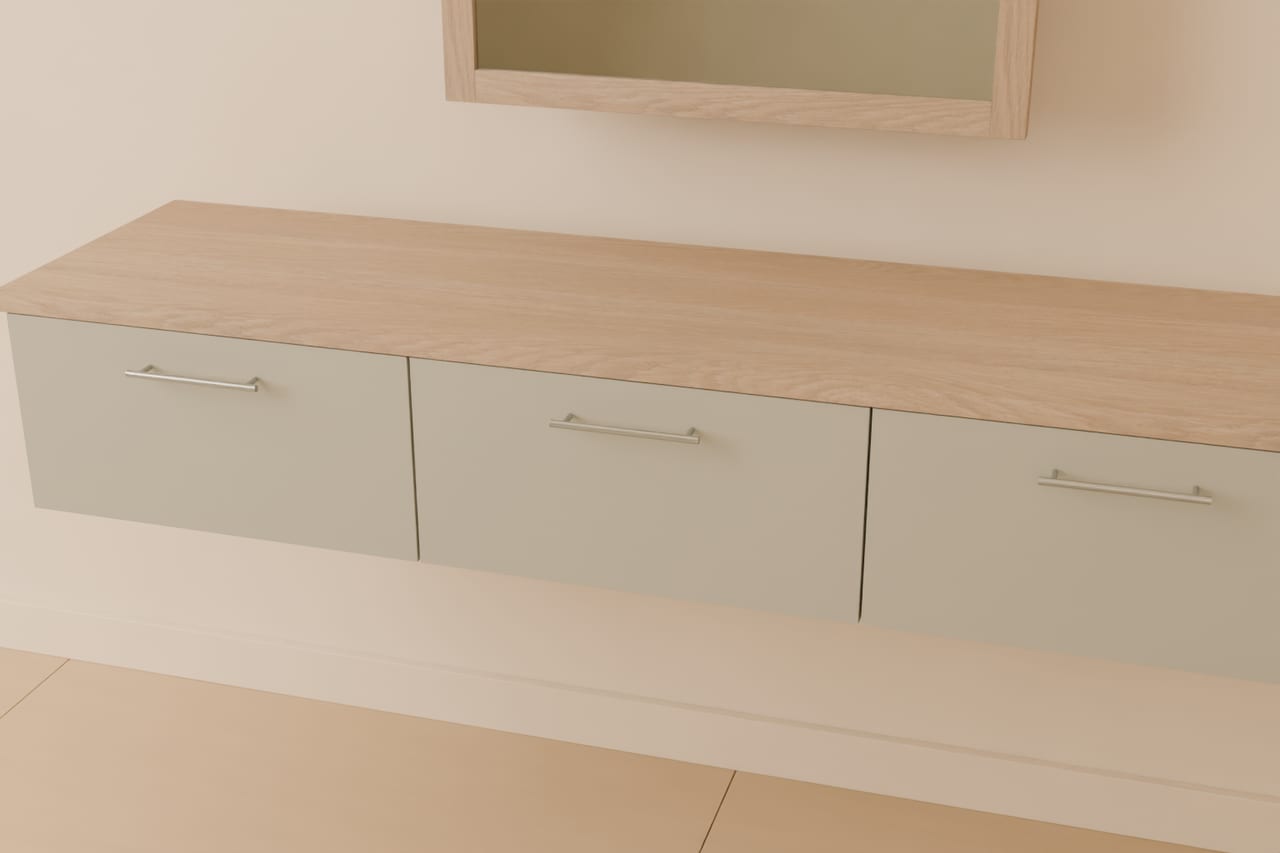 Linea Float · asma dresuar · Budva tabla, adaçayı çekmece ve nikel kulp