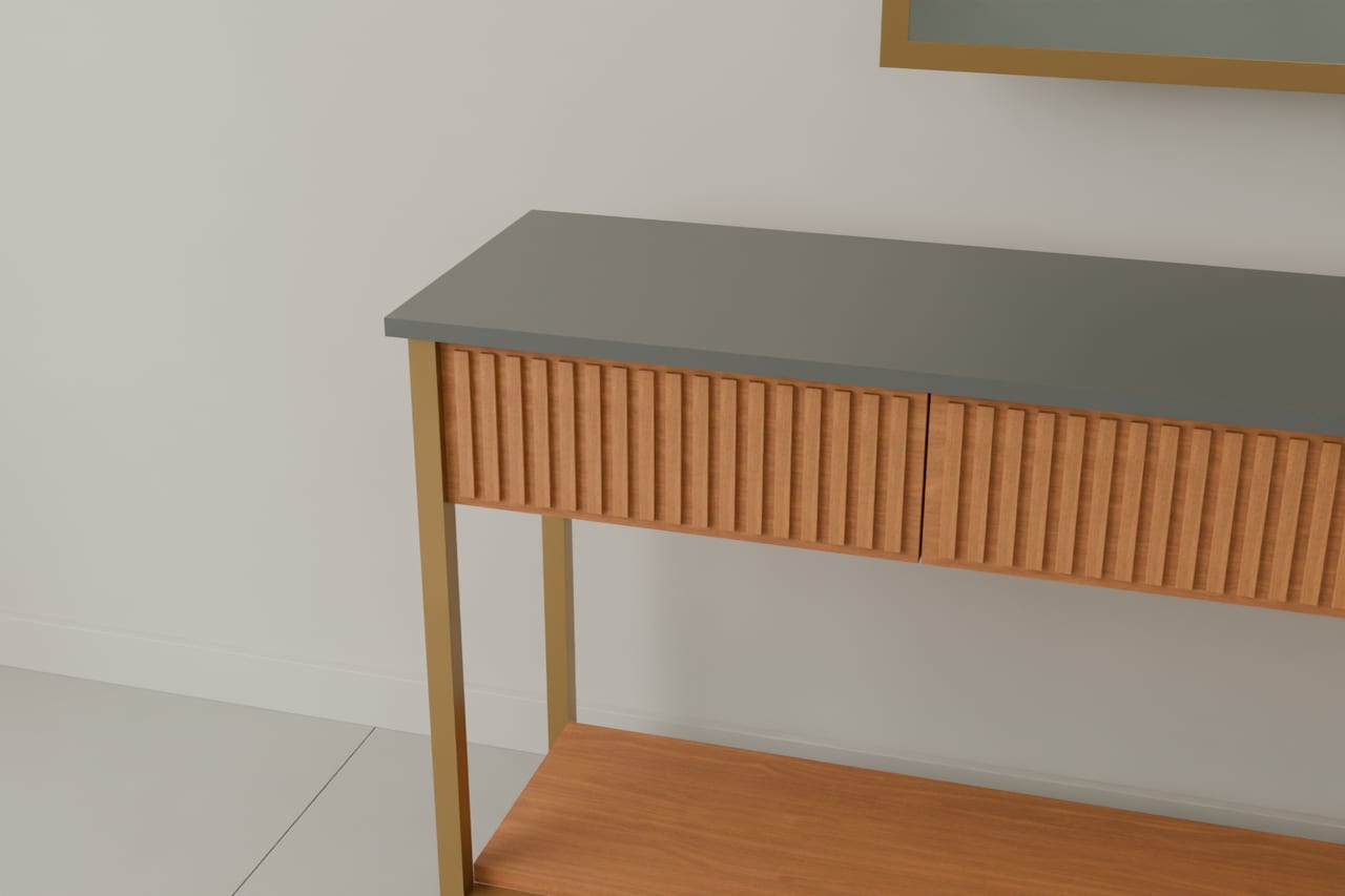 Nocturne Arch · dresuar · Yivli ceviz çekmece, bronz ayak ve taş tabla