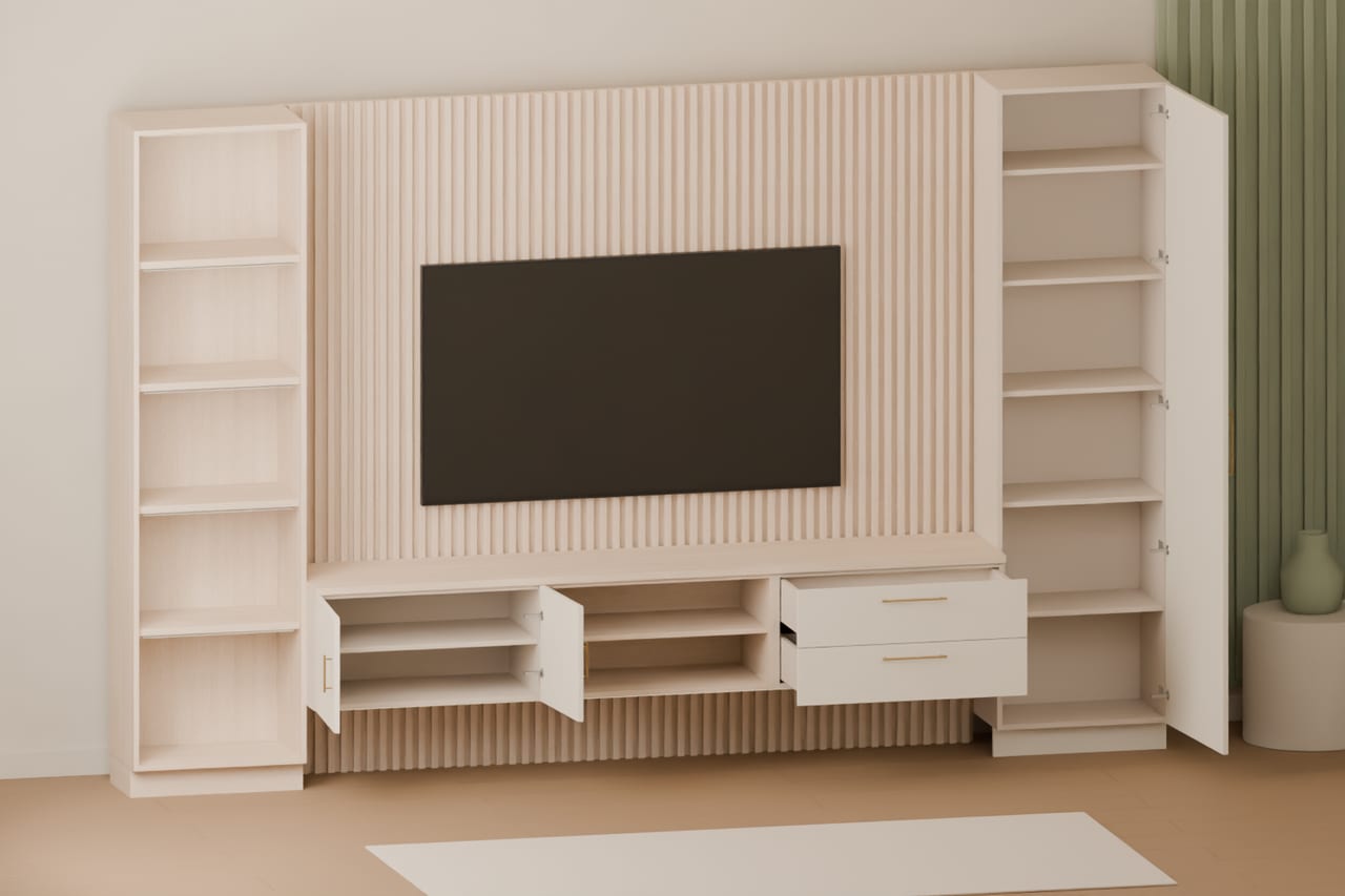 Natura Lounge · çıtalı TV duvarı · açık konum, ikinci açı