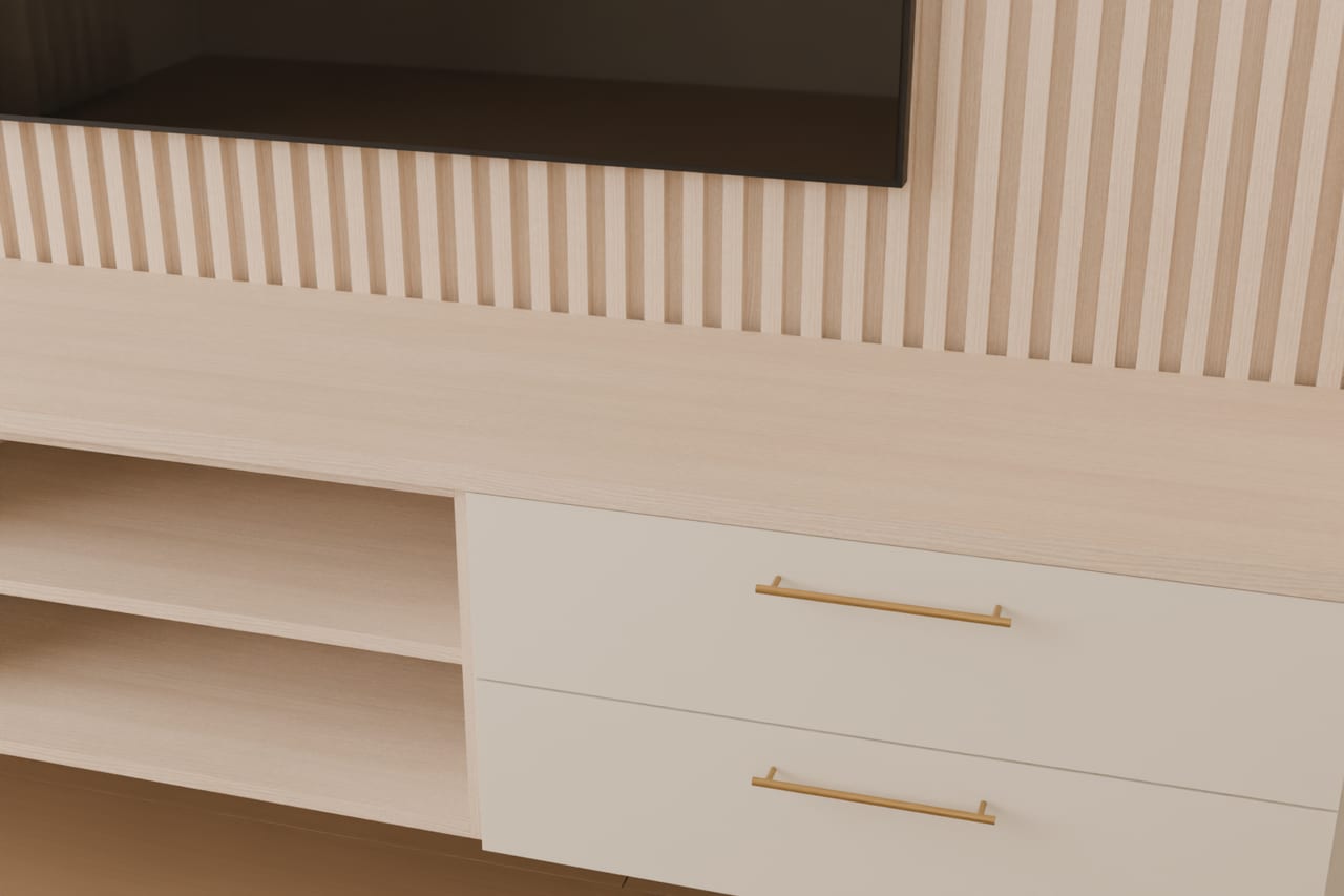 Natura Lounge · çıtalı TV duvarı · Meşe çıta, yüzer konsol ve meşe tabla birleşimi