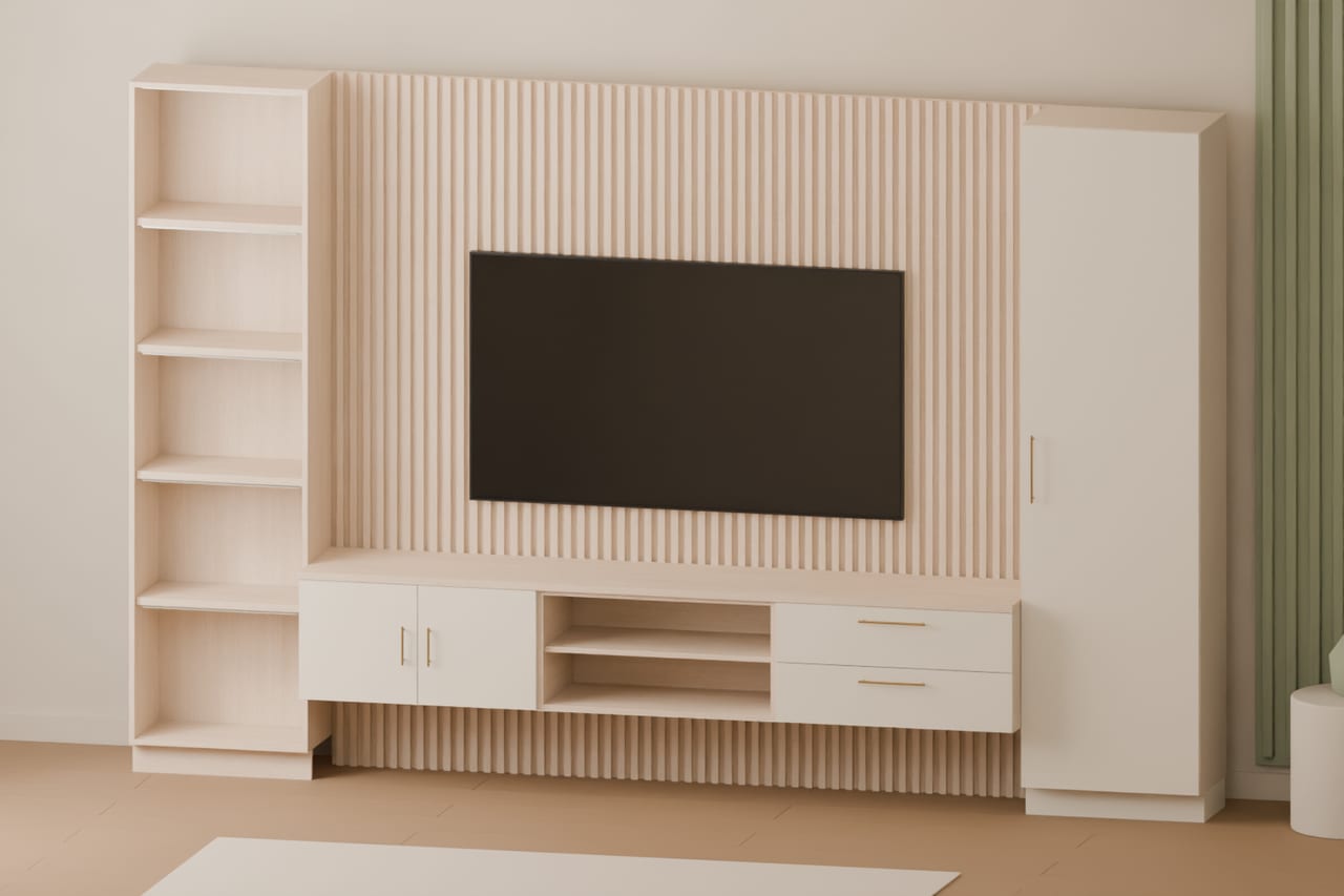 Natura Lounge · çıtalı TV duvarı · genel görünüş