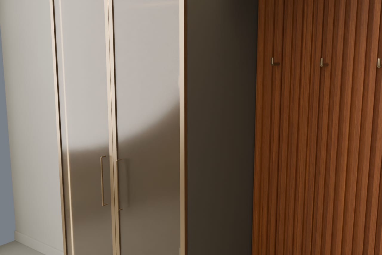 Nocturne Hall · giriş duvarı · Ceviz çıtalar ve bronz cam kapak