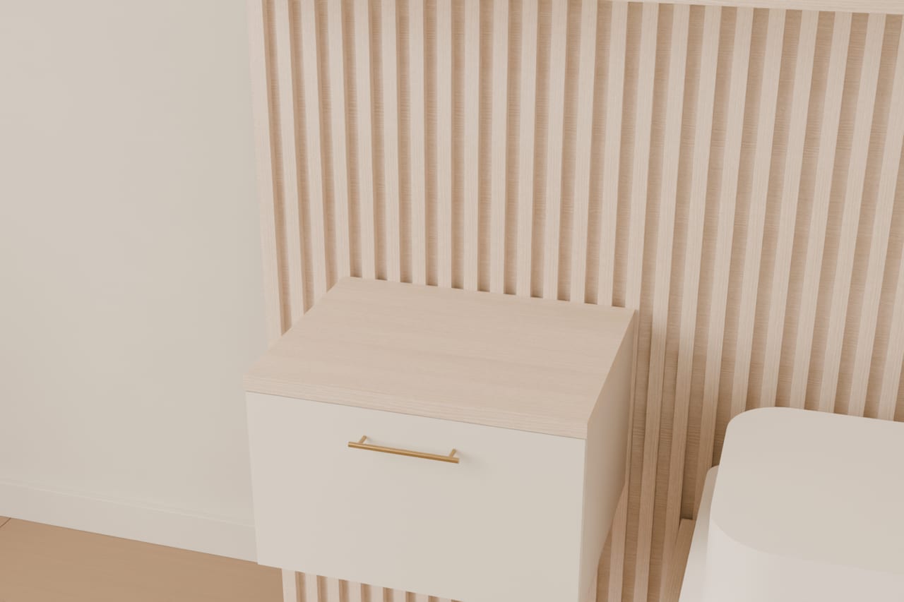 Natura Rest · yatak odası · Yüzer komodin, meşe çıta ve ışıklı raf kuşağı