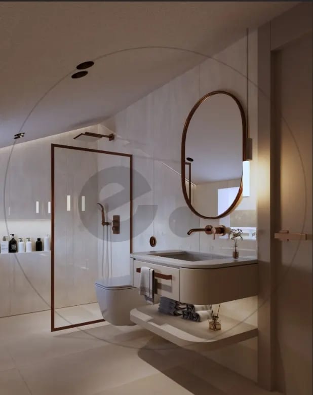 Yuvarlak ayna ve tezgâh üstü lavabo ile banyo tasarım görseli