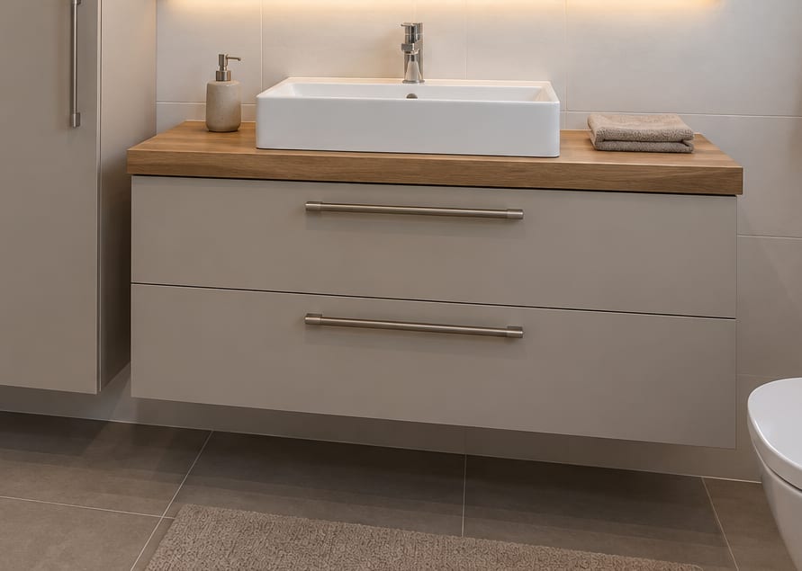 Vizon ve meşe banyo dolabında tezgâh üstü lavabo ve çekmeceler