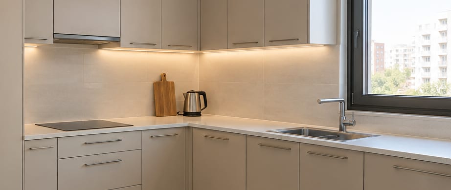 Vizon ve meşe mutfakta tezgâh, tezgâh arası ve dolap altı LED aydınlatma