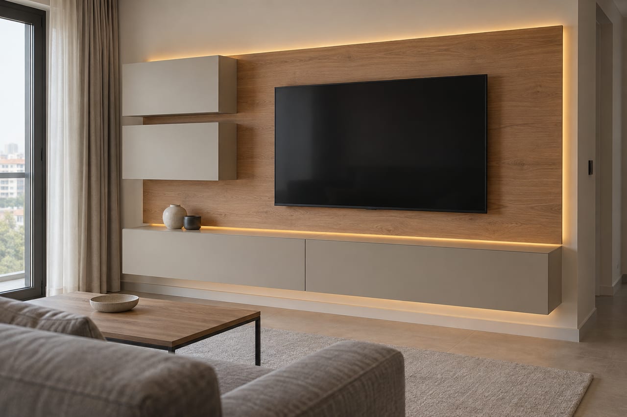 Arkadan aydınlatmalı meşe duvar paneli, vizon asma alt modül ve üst modüllerle TV ünitesi